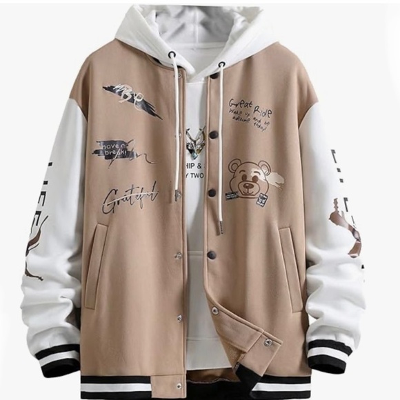 Beige White Mens Button Up Bomber Jacket